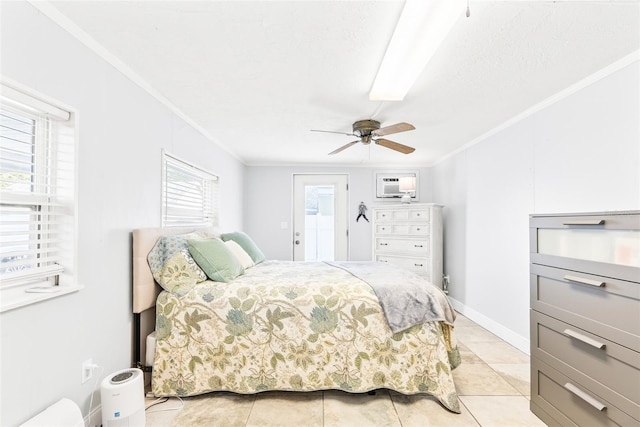 bedroom with baseboards, ornamental molding, a ceiling fan, and light tile patterned flooring