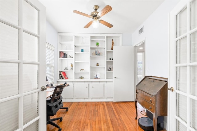 office space featuring french doors, light wood-type flooring, visible vents, and a ceiling fan