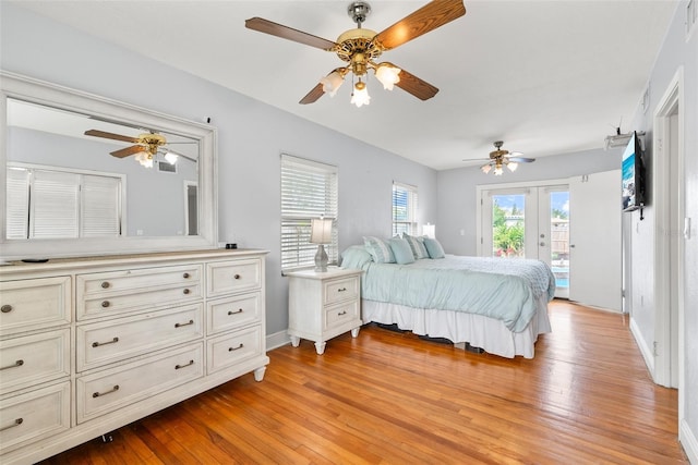 bedroom with a ceiling fan, baseboards, light wood-style floors, access to exterior, and french doors