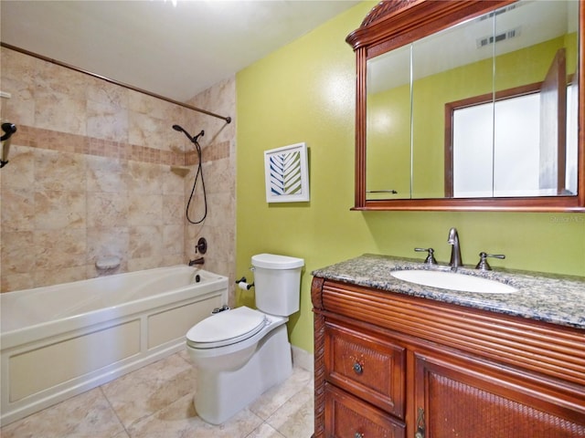 full bathroom featuring bathing tub / shower combination, visible vents, toilet, vanity, and tile patterned floors