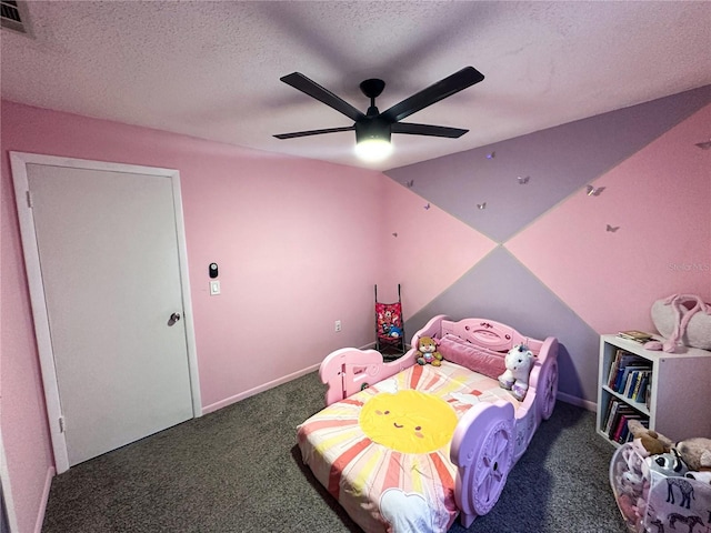 bedroom with carpet floors, visible vents, a ceiling fan, vaulted ceiling, and a textured ceiling