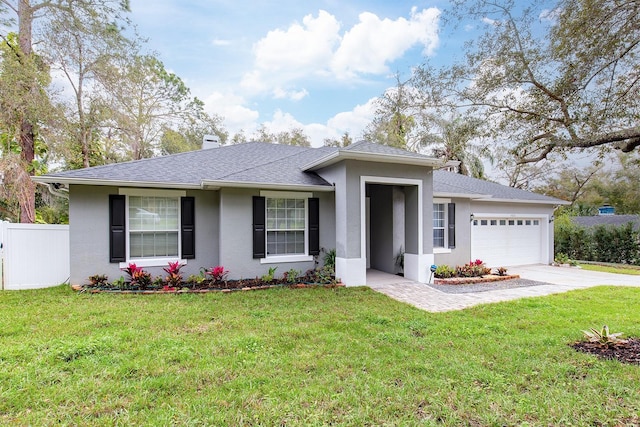 view of front of home with a garage, fence, a front lawn, and concrete driveway