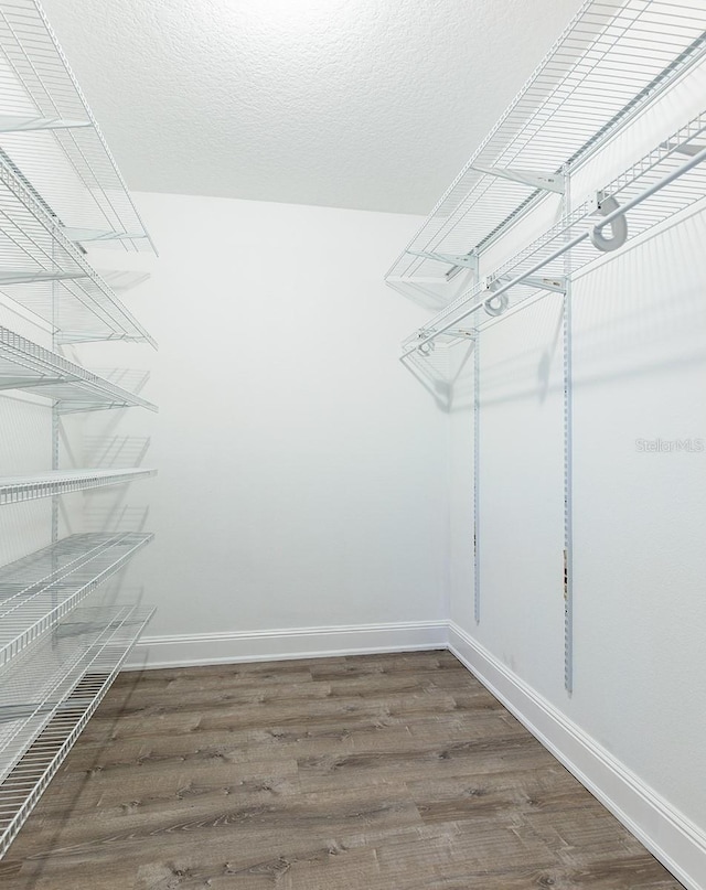 walk in closet with wood finished floors