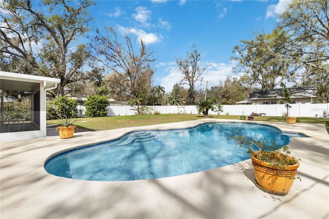 view of pool with a fenced backyard, a fenced in pool, and a patio