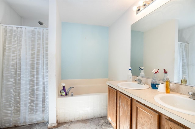 bathroom featuring a garden tub, a sink, a shower with shower curtain, and double vanity