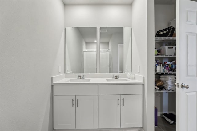 bathroom featuring a spacious closet, a sink, a shower stall, and double vanity