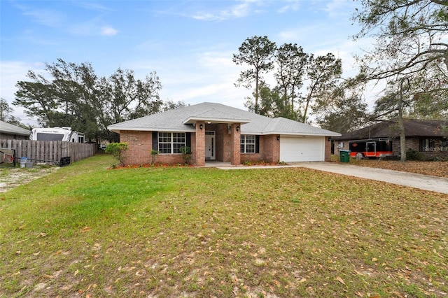 ranch-style house with brick siding, a front yard, fence, a garage, and driveway