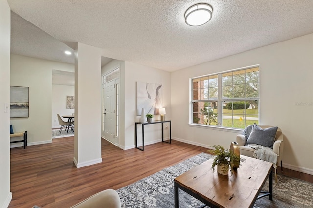 living room featuring baseboards, dark wood finished floors, and a textured ceiling