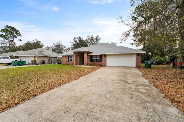 ranch-style house with a front lawn, brick siding, driveway, and an attached garage