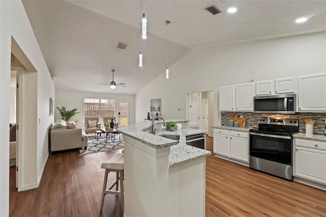 kitchen with a center island with sink, appliances with stainless steel finishes, open floor plan, white cabinets, and a sink