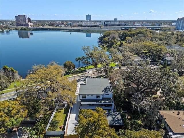 drone / aerial view with a water view and a city view