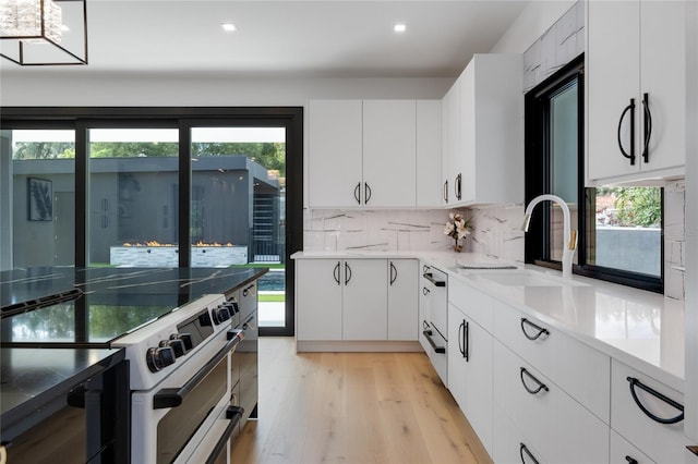 kitchen featuring backsplash, light wood-style floors, a healthy amount of sunlight, a sink, and double oven range