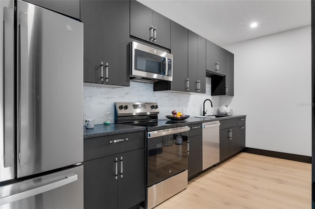 kitchen featuring tasteful backsplash, dark countertops, light wood-style flooring, appliances with stainless steel finishes, and a sink