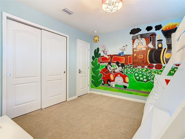 recreation room with light carpet, visible vents, and baseboards