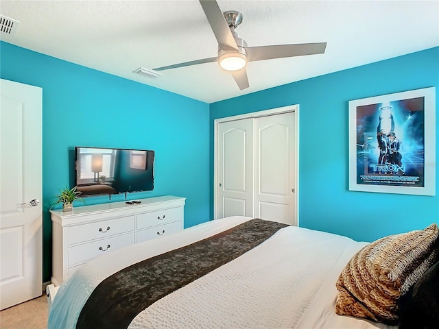 bedroom with a ceiling fan, visible vents, and a closet