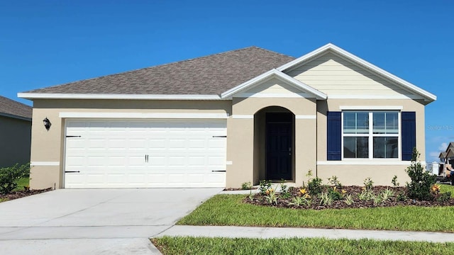 ranch-style home featuring concrete driveway, a shingled roof, an attached garage, and stucco siding