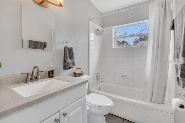 bathroom with shower / bath combination with curtain, vanity, and toilet