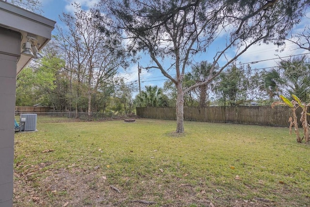 view of yard featuring central AC and a fenced backyard