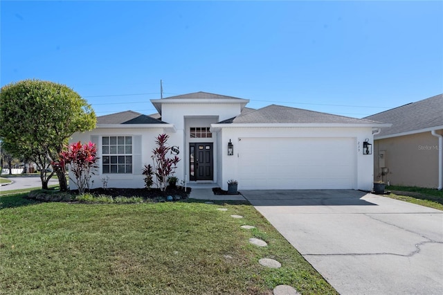 ranch-style home with an attached garage, stucco siding, driveway, and a front yard