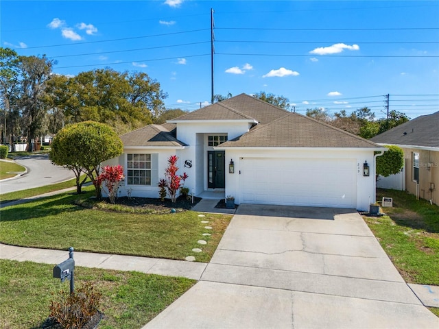 single story home with a garage, a shingled roof, concrete driveway, a front yard, and stucco siding