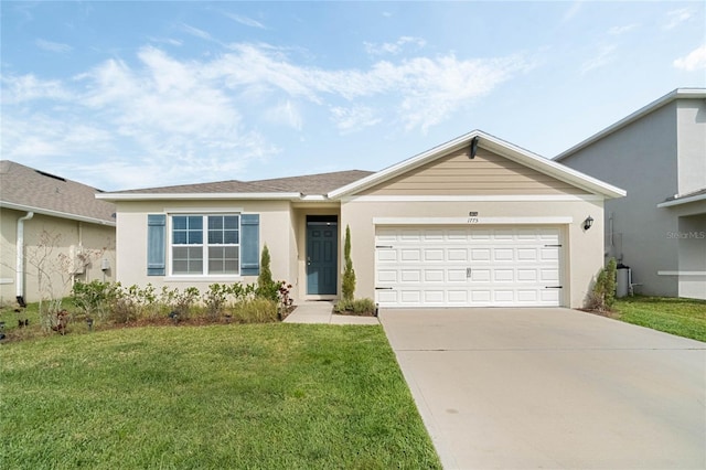 single story home featuring a garage, concrete driveway, a front lawn, and stucco siding