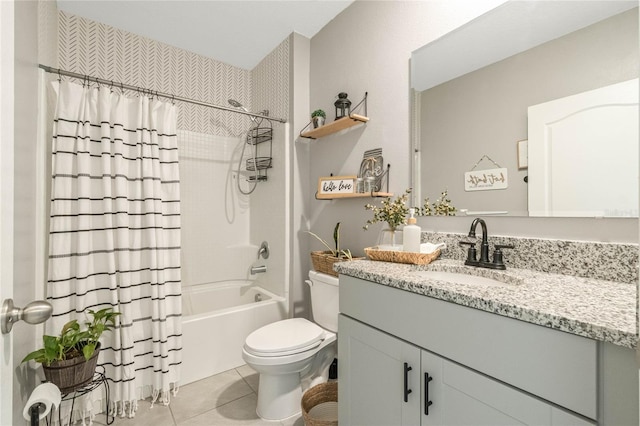 bathroom with tile patterned flooring, shower / tub combo with curtain, vanity, and toilet