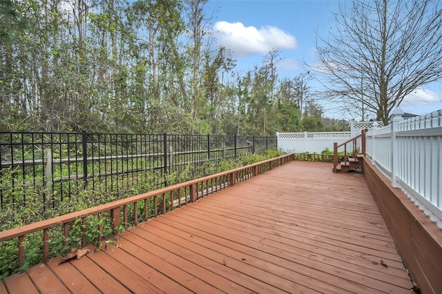 wooden terrace with a fenced backyard