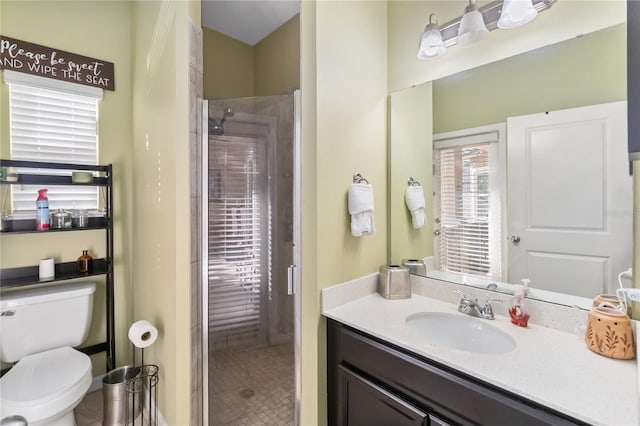 full bathroom with a stall shower, vanity, and toilet