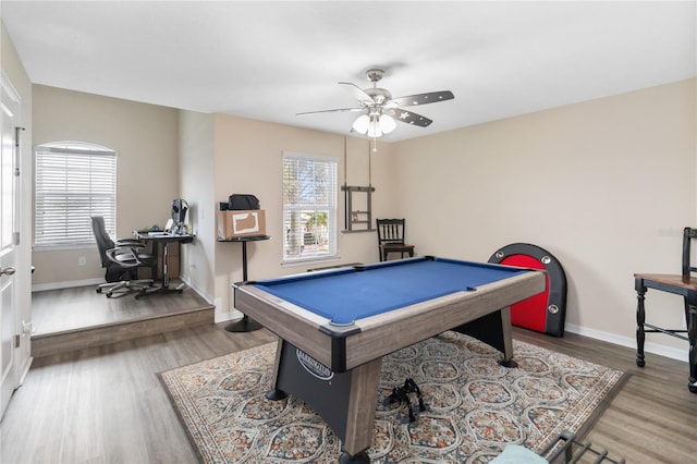 playroom featuring a ceiling fan, billiards, baseboards, and wood finished floors