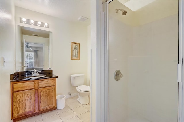 full bath featuring a stall shower, visible vents, toilet, tile patterned flooring, and vanity