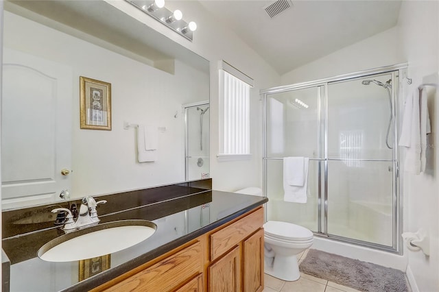 full bathroom featuring lofted ceiling, tile patterned flooring, toilet, visible vents, and a stall shower