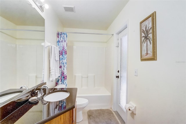 full bathroom featuring shower / bath combination, visible vents, toilet, tile patterned flooring, and vanity