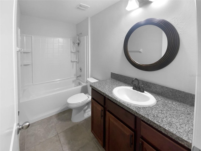 full bath featuring visible vents, toilet, tile patterned floors, tub / shower combination, and vanity