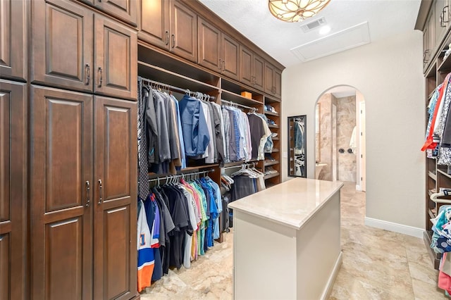 spacious closet featuring attic access, arched walkways, and visible vents