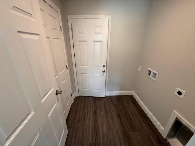 washroom with laundry area, baseboards, dark wood-type flooring, hookup for an electric dryer, and washer hookup