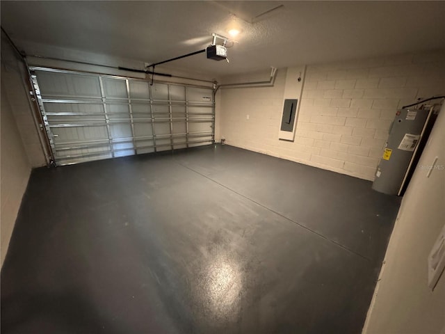 garage with electric panel, concrete block wall, water heater, and a garage door opener