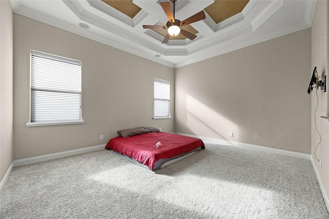 bedroom with ornamental molding, baseboards, coffered ceiling, and carpet flooring