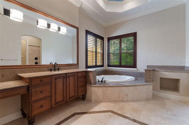 8814 Southern Breeze Dr, Orlando, FL 32836 - bathroom with vanity, a bath, crown molding, inlaid floor details, and a shower