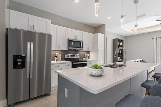 kitchen with decorative light fixtures, stainless steel appliances, white cabinets, a kitchen island with sink, and a sink