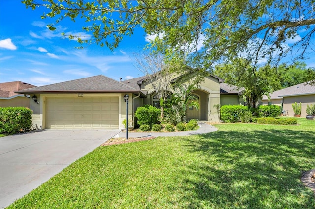 single story home featuring concrete driveway, a garage, a front yard, and stucco siding