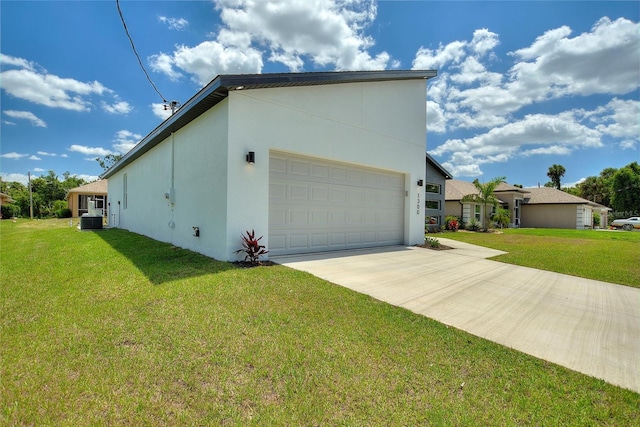 view of property exterior with stucco siding, a lawn, an attached garage, central AC unit, and driveway