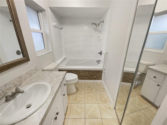 full bath with  shower combination, tile patterned flooring, vanity, and toilet