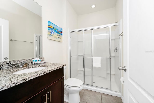 bathroom featuring tile patterned flooring, a shower stall, vanity, and toilet