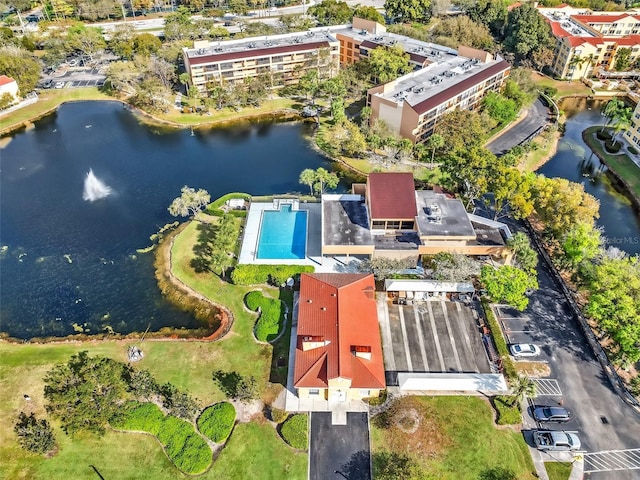 aerial view featuring a water view