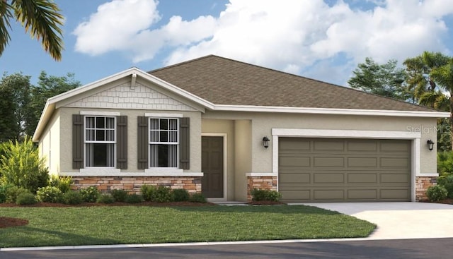 view of front of house featuring stone siding, concrete driveway, a front lawn, and a garage