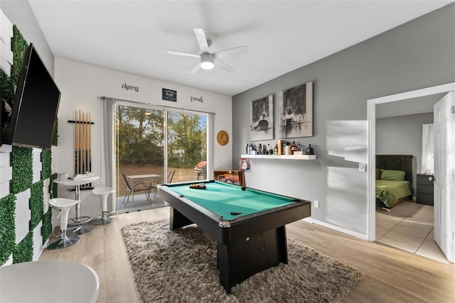 playroom featuring pool table, wood finished floors, and a ceiling fan