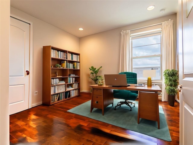 office area featuring dark wood-style floors, baseboards, and recessed lighting