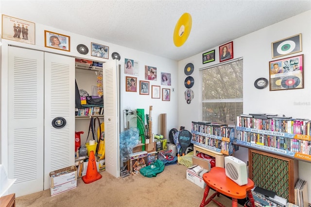 interior space featuring a textured ceiling and carpet floors