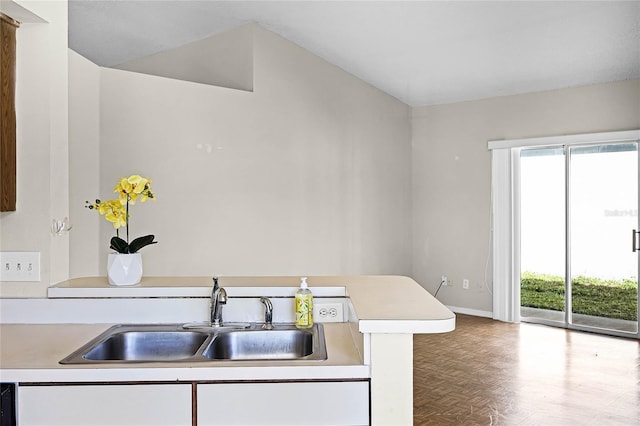 kitchen featuring light countertops, a sink, a wealth of natural light, and baseboards