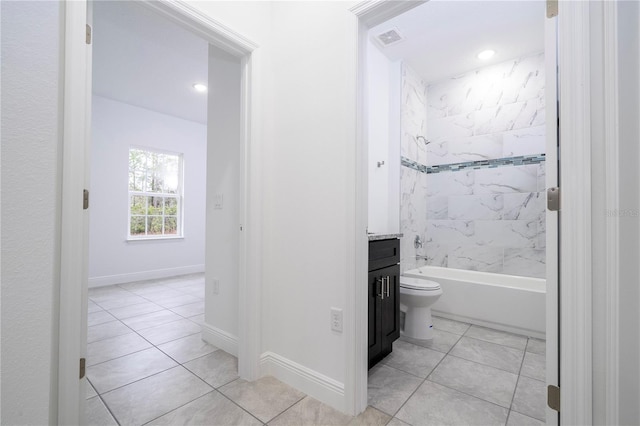 full bathroom featuring visible vents, toilet, tub / shower combination, baseboards, and vanity